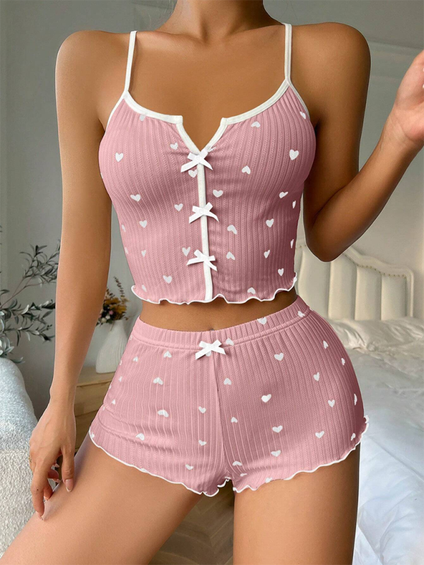 Sexy Pyjama-Set mit Herz-Print und Farbkontrasten vorne, Schlitz und Sling
