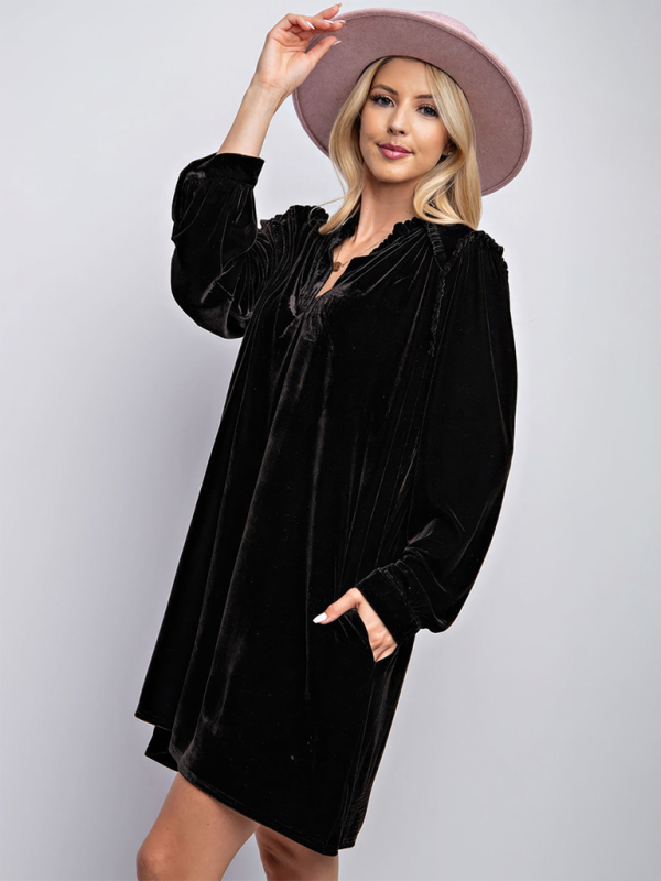 Neues einfarbiges, lockeres, gerades Kleid aus Samt, lässig, schlicht, knielanger Rock