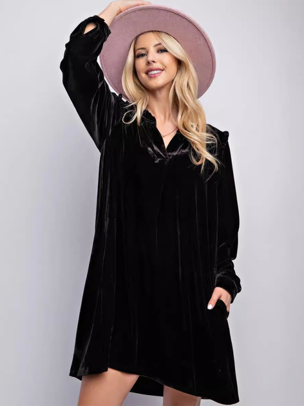 Neues einfarbiges, lockeres, gerades Kleid aus Samt, lässig, schlicht, knielanger Rock