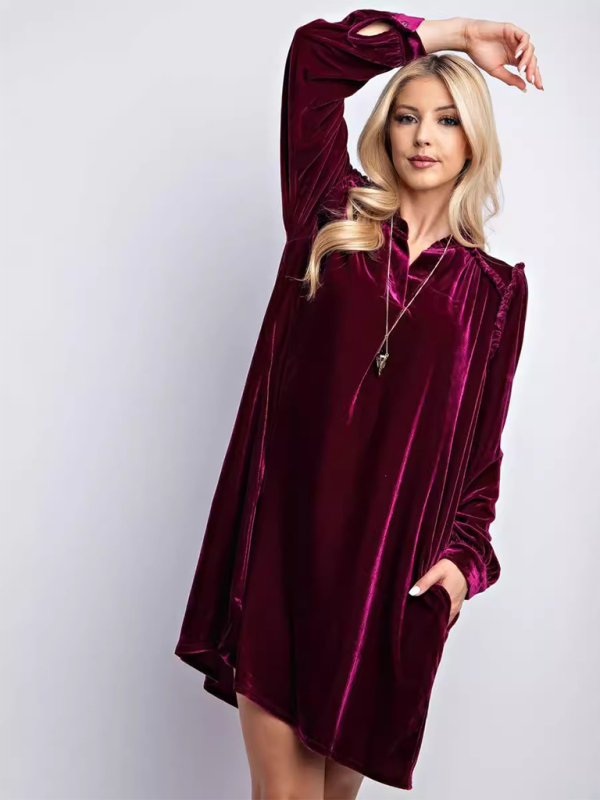 Neues einfarbiges, lockeres, gerades Kleid aus Samt, lässig, schlicht, knielanger Rock