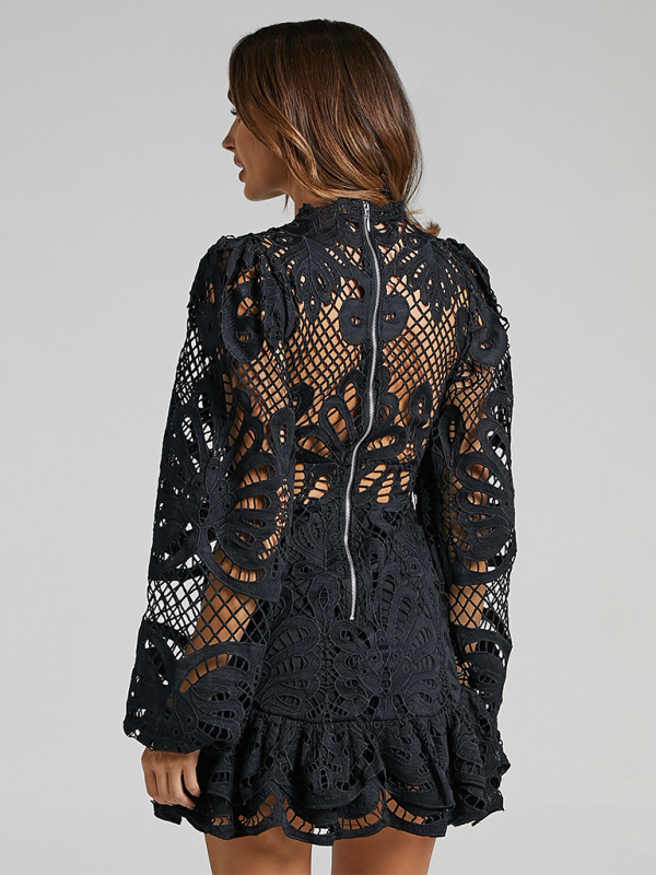 Revers Laterne Langarm Taille Kleid Kurze A-Linie Rüschen Hohlspitze Kleider