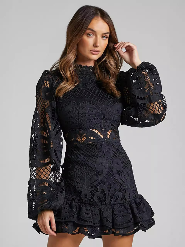 Revers Laterne Langarm Taille Kleid Kurze A-Linie Rüschen Hohlspitze Kleider