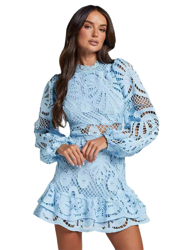 Revers Laterne Langarm Taille Kleid Kurze A-Linie Rüschen Hohlspitze Kleider