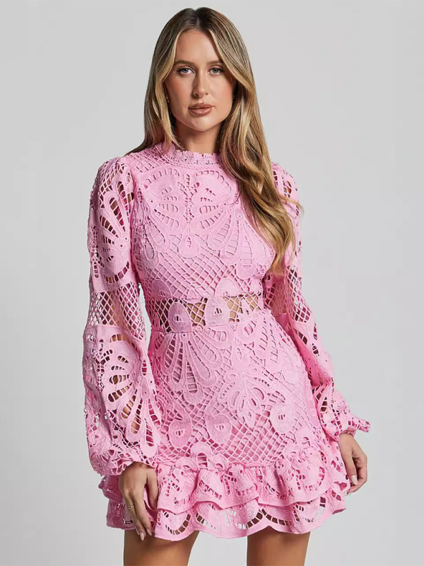 Revers Laterne Langarm Taille Kleid Kurze A-Linie Rüschen Hohlspitze Kleider