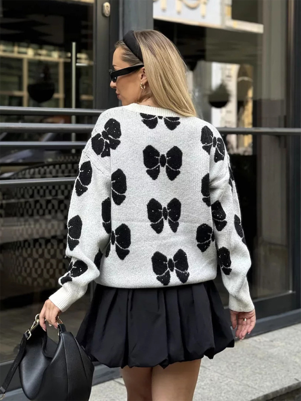 Lockerer Pullover mit Rundhalsausschnitt und Schmetterlingsmuster für Damen