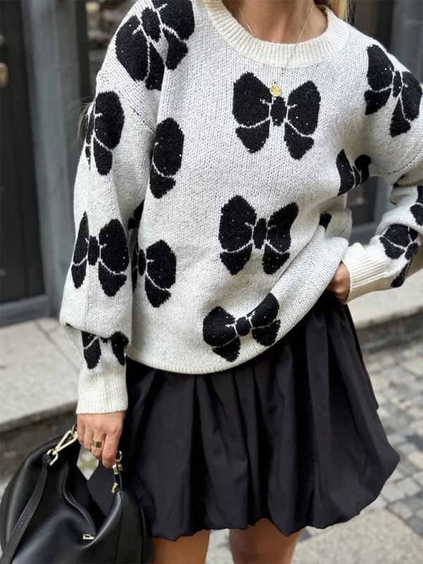 Lockerer Pullover mit Rundhalsausschnitt und Schmetterlingsmuster für Damen