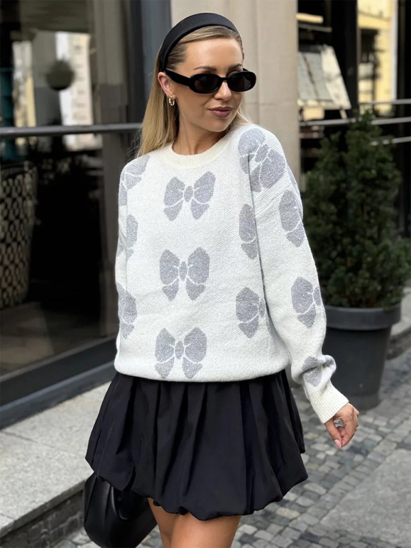 Lockerer Pullover mit Rundhalsausschnitt und Schmetterlingsmuster für Damen