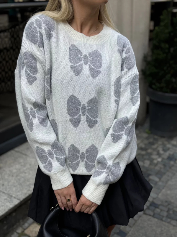 Lockerer Pullover mit Rundhalsausschnitt und Schmetterlingsmuster für Damen