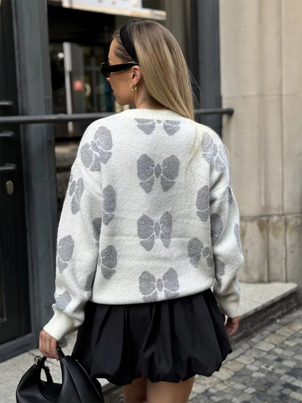 Lockerer Pullover mit Rundhalsausschnitt und Schmetterlingsmuster für Damen