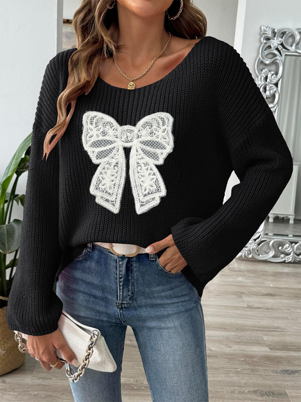 Pullover mit Schleifenstickerei-Applikation für Damen, ein Halsausschnitt, trägerlos, ausgestellte Ärmel