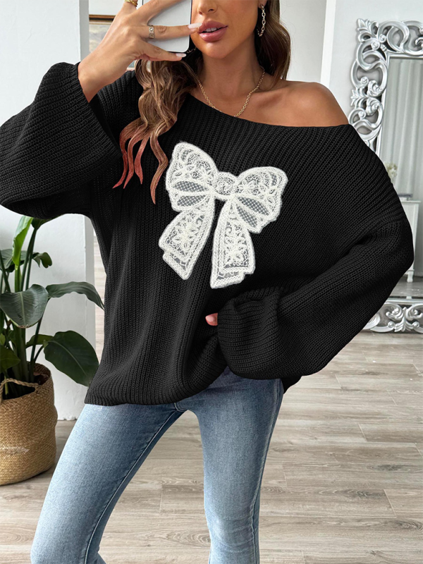 Pullover mit Schleifenstickerei-Applikation für Damen, ein Halsausschnitt, trägerlos, ausgestellte Ärmel