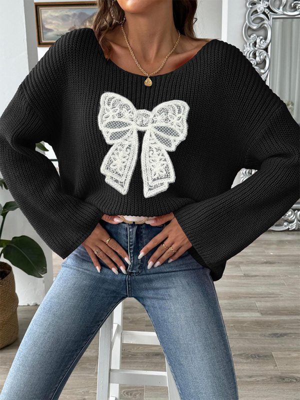 Pullover mit Schleifenstickerei-Applikation für Damen, ein Halsausschnitt, trägerlos, ausgestellte Ärmel