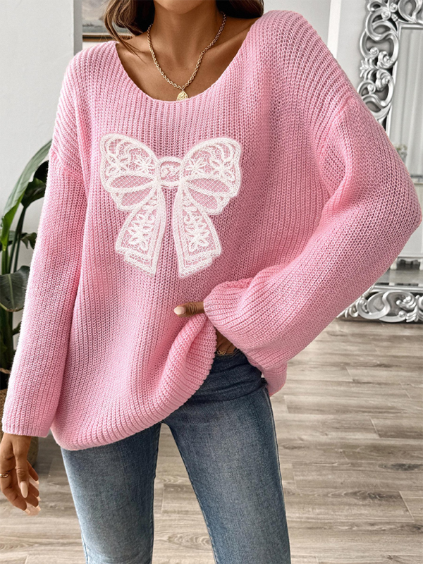 Pullover mit Schleifenstickerei-Applikation für Damen, ein Halsausschnitt, trägerlos, ausgestellte Ärmel