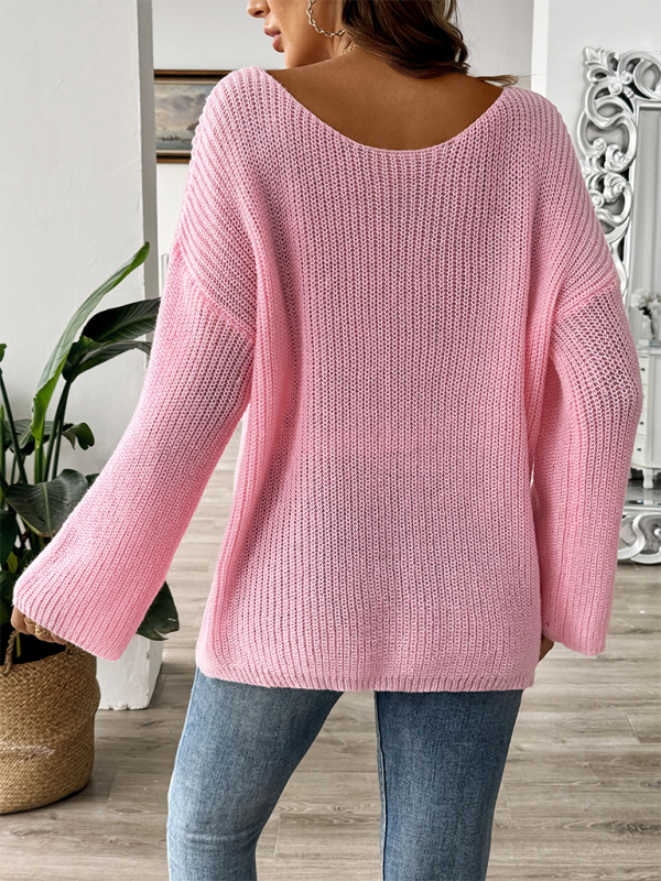 Pullover mit Schleifenstickerei-Applikation für Damen, ein Halsausschnitt, trägerlos, ausgestellte Ärmel