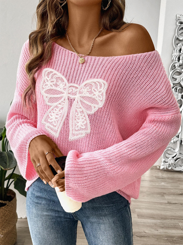 Pullover mit Schleifenstickerei-Applikation für Damen, ein Halsausschnitt, trägerlos, ausgestellte Ärmel