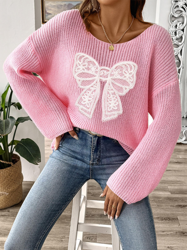 Pullover mit Schleifenstickerei-Applikation für Damen, ein Halsausschnitt, trägerlos, ausgestellte Ärmel
