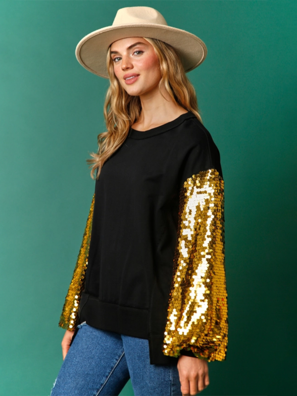 Weihnachts-Paillettenärmel-Oberteil Patchwork Langarm Trendy Sweatshirt
