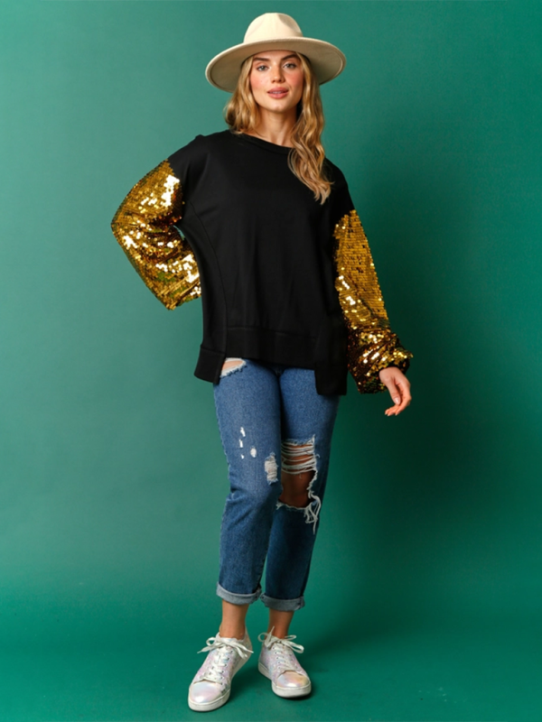 Weihnachts-Paillettenärmel-Oberteil Patchwork Langarm Trendy Sweatshirt