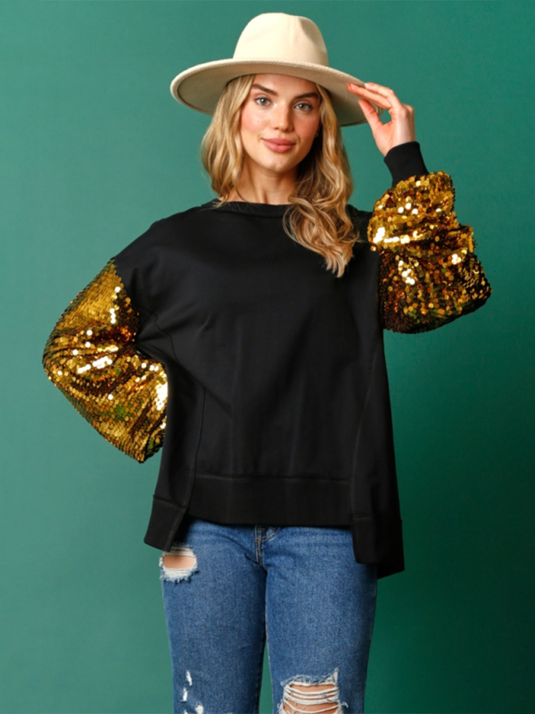 Weihnachts-Paillettenärmel-Oberteil Patchwork Langarm Trendy Sweatshirt
