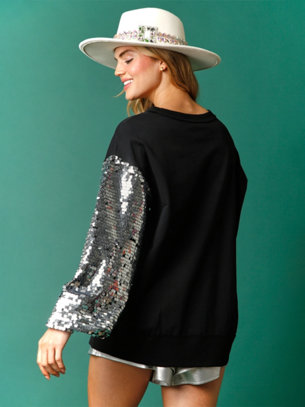 Weihnachts-Paillettenärmel-Oberteil Patchwork Langarm Trendy Sweatshirt