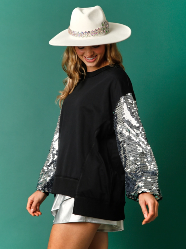 Weihnachts-Paillettenärmel-Oberteil Patchwork Langarm Trendy Sweatshirt