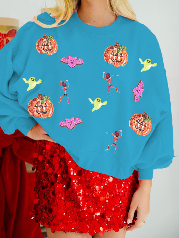 Damen Halloween Mehrfarbige Pailletten Lose Langarm Sweatshirt Rundhals Top