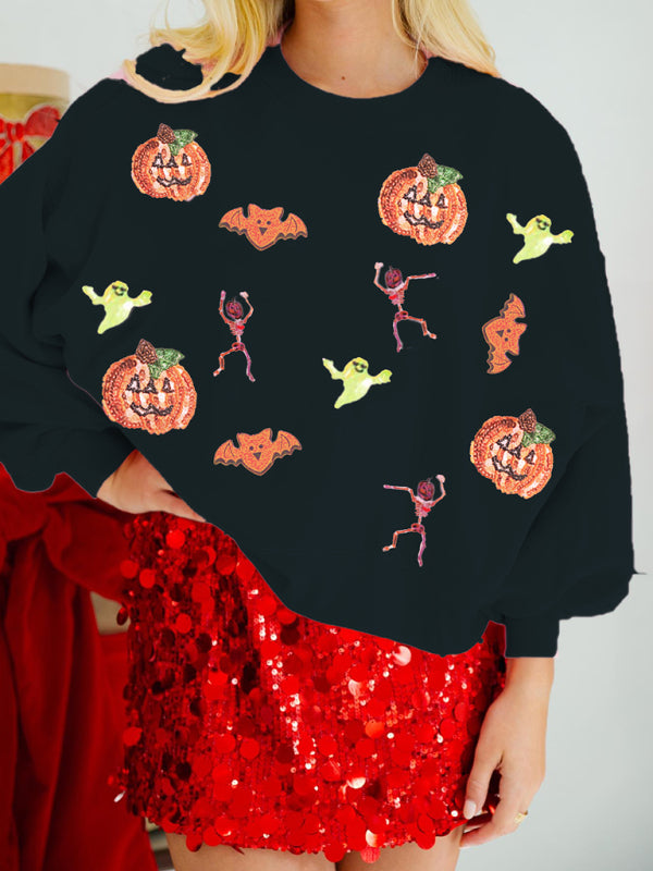 Damen Halloween Mehrfarbige Pailletten Lose Langarm Sweatshirt Rundhals Top