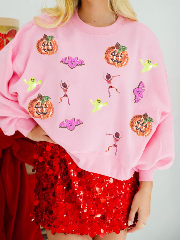 Damen Halloween Mehrfarbige Pailletten Lose Langarm Sweatshirt Rundhals Top