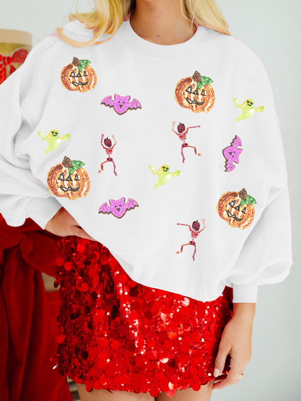 Damen Halloween Mehrfarbige Pailletten Lose Langarm Sweatshirt Rundhals Top