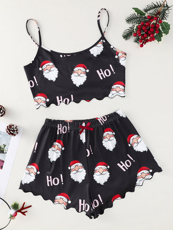 Black Santa Claus print sleeveless shorts set
