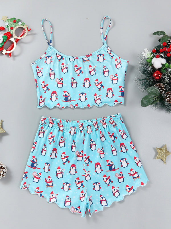 Light blue penguin print sleeveless shorts set
