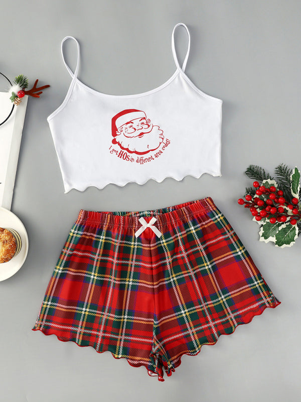 White top with Santa print and plaid shorts set