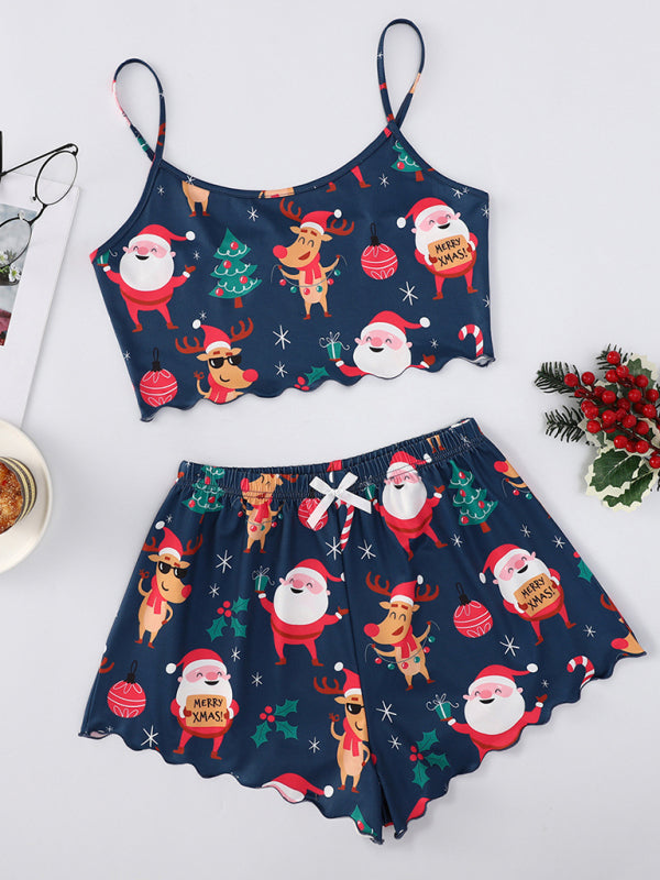 Blue Santa Claus and reindeer print sleeveless shorts set