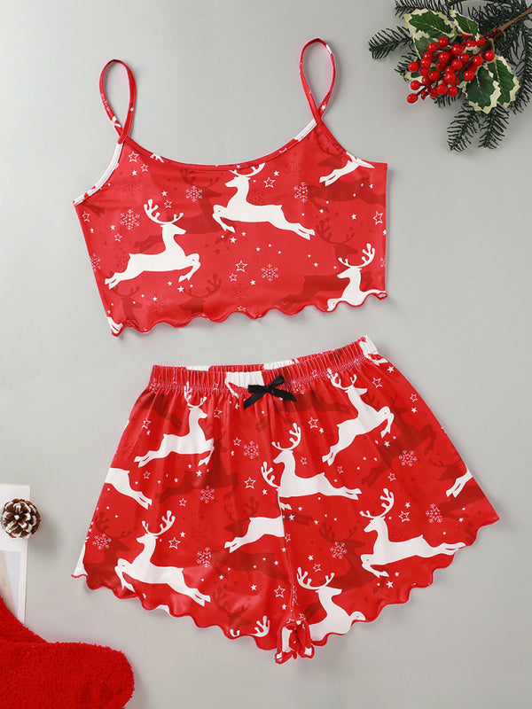 Red Santa Claus elk print sleeveless shorts set