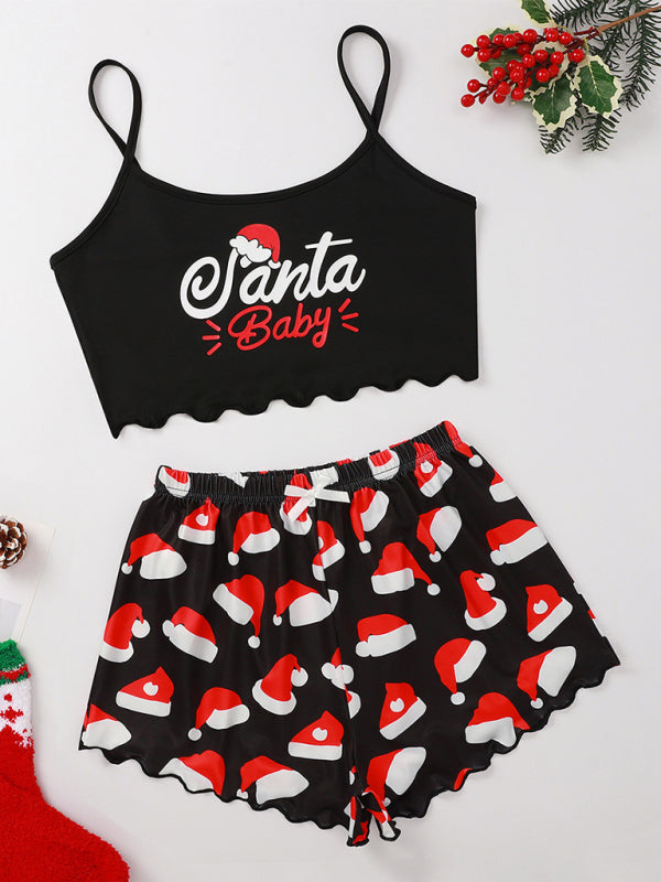 Black Santa Baby sleeveless top with hat print shorts