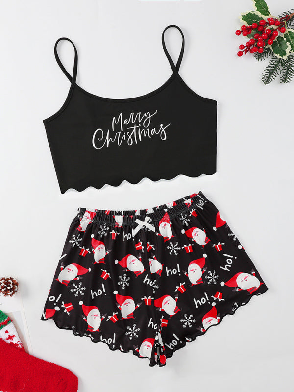 Black Merry Christmas sleeveless top with Santa print shorts
