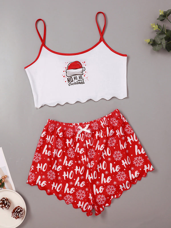 White Christmas hat print sleeveless top with red shorts