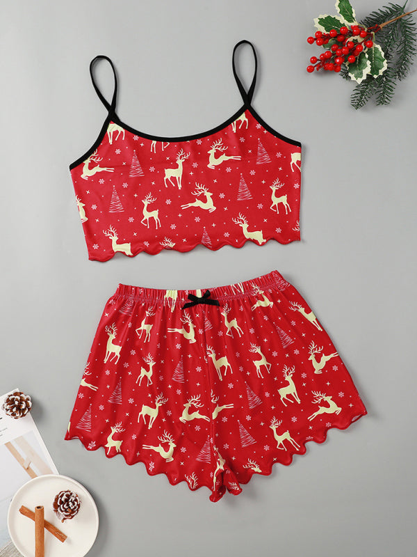 Red reindeer print two-piece loungewear set