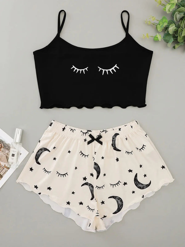 Eyelash print camisole with star moon shorts set