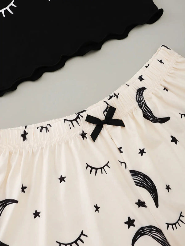 Star moon shorts with eyelash print and bow