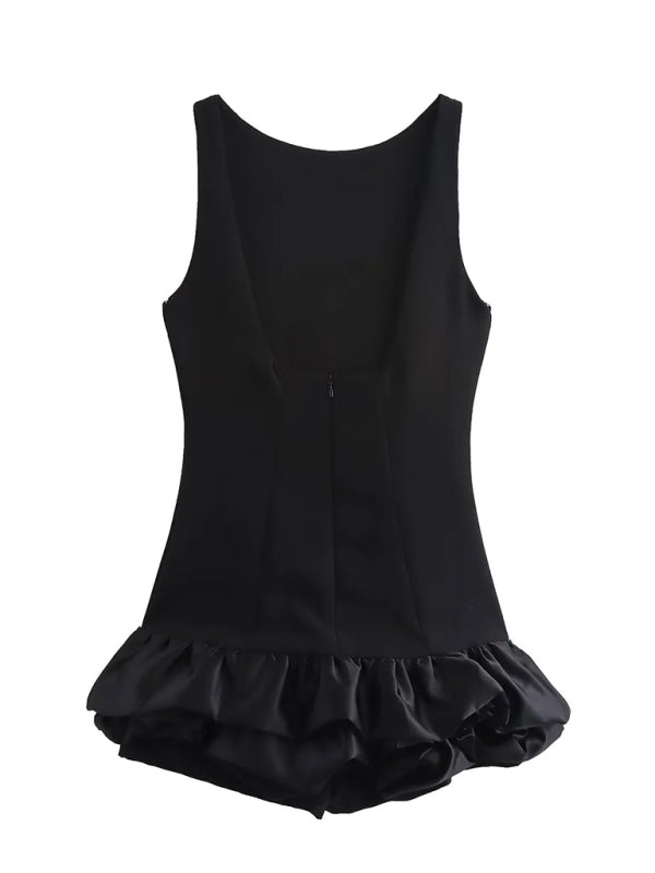 Black sleeveless short ruffle dress, back view