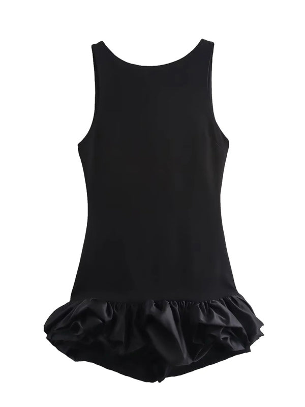 Black sleeveless short ruffle dress, front view