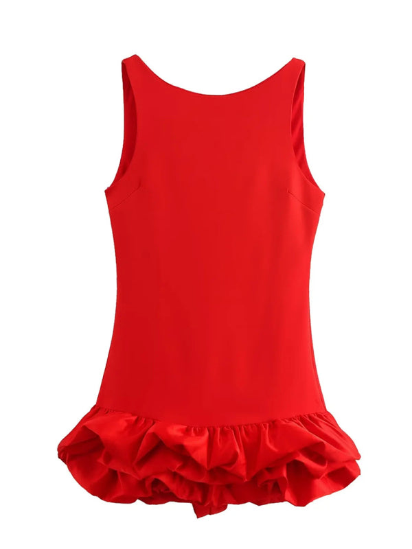 Red sleeveless short ruffle dress, front view