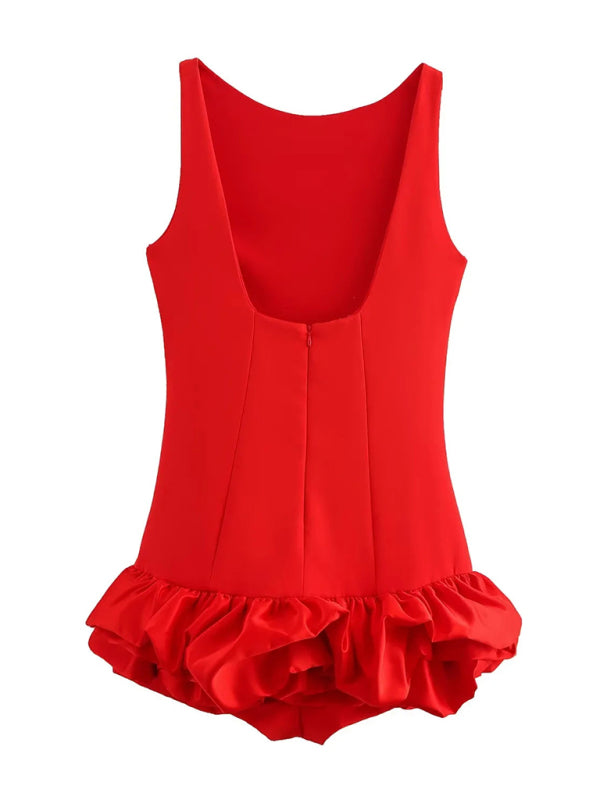 Red sleeveless short ruffle dress, back view