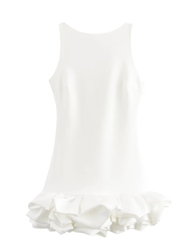 White sleeveless short ruffle dress, front view