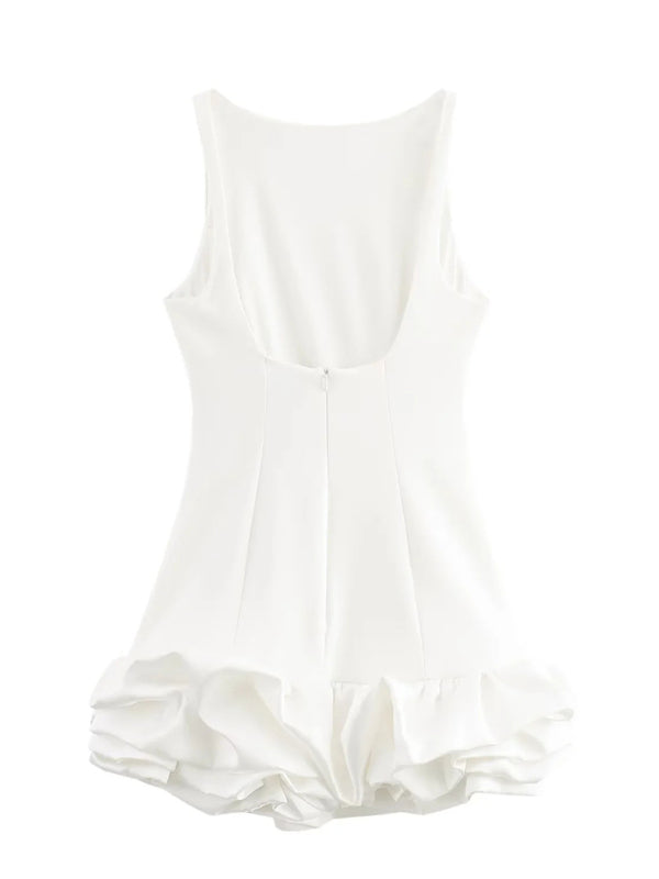 White sleeveless short ruffle dress, back view