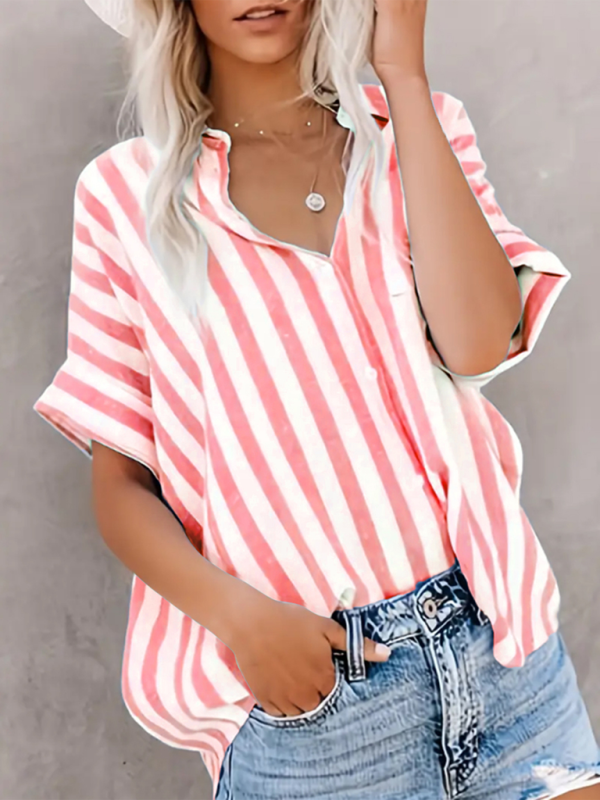Red two-tone striped short sleeve shirt, front view