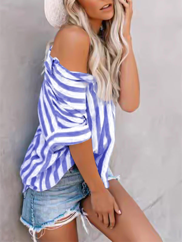 Off-shoulder style striped short sleeve shirt