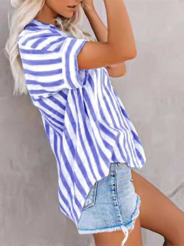 Side profile of striped short sleeve shirt
