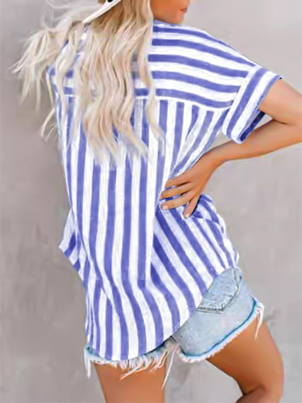 Back view of blue striped short sleeve shirt